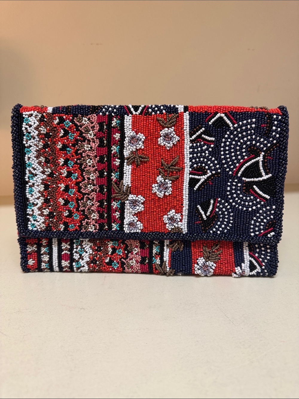 Anthropologie Beaded Foldover Clutch in Navy, Red & White, NWOT